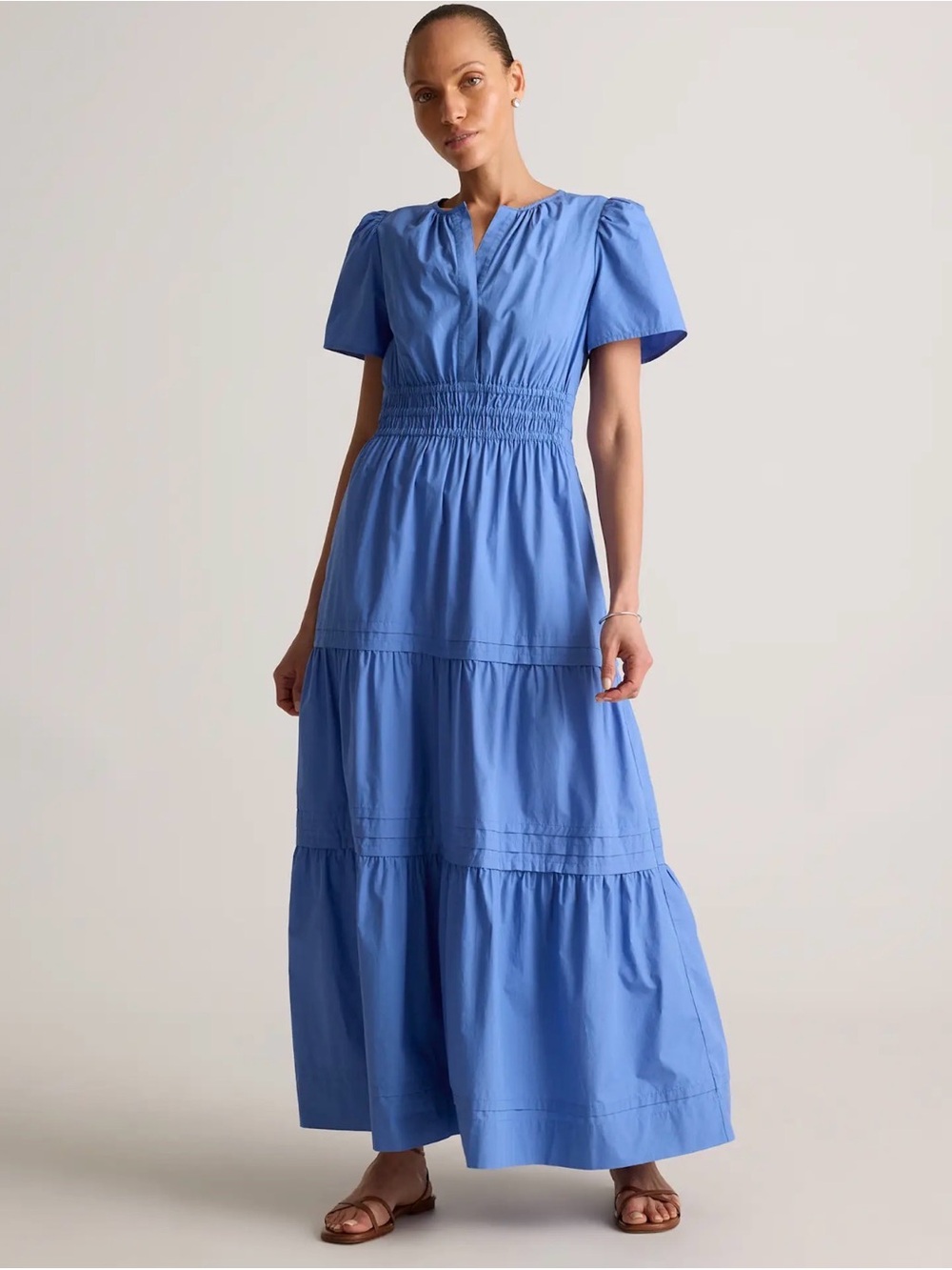 Quince Organic Short Sleeved Poplin Tiered Blue Maxi Dress, Large
